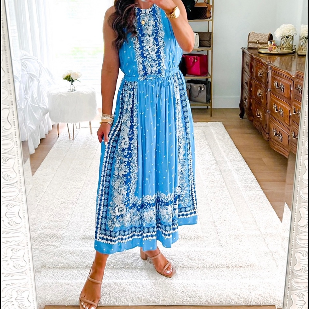 LOFT Blue and White Sleeveless Halter Maxi Dress